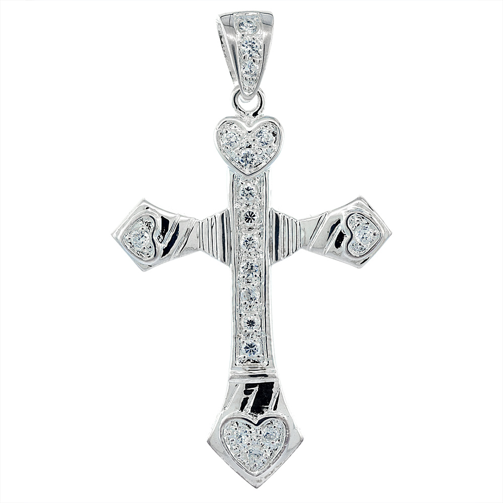 2 1/16 inch Sterling Silver Cubic Zirconia Iced Out Heart Cross Pendant for Men Hip Hop Bling Jewelry