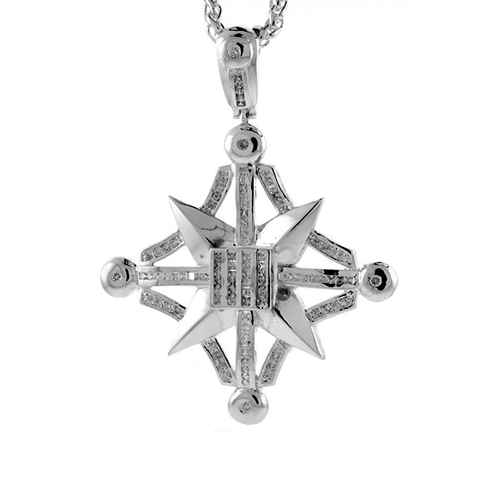 3 1/4 inch Sterling Silver Cubic Zirconia Iced Out Compass Pendant for Men Hip Hop Bling Jewelry