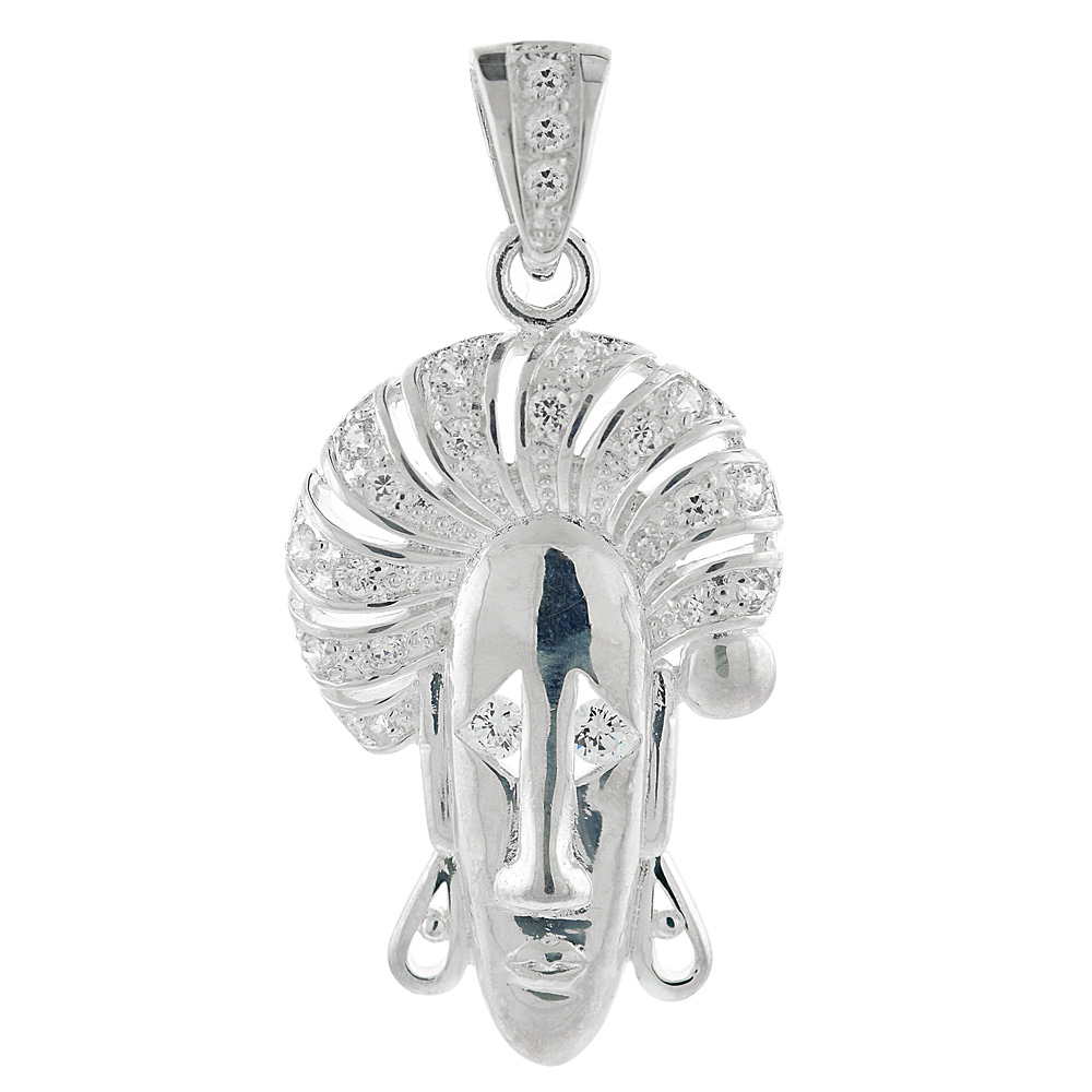 1 3/4 INCH STERLING SILVER CUBIC ZIRCONIA ICED OUT AFRICAN MASK PENDANT FOR MEN HIP HOP BLING JEWELRY