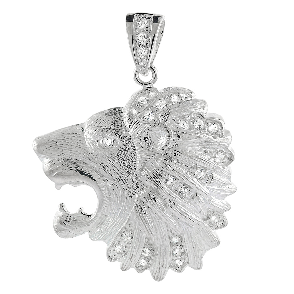 STERLING SILVER CUBIC ZIRCONIA LIONS HEAD PENDANT, 1 5/8 INCH LONG