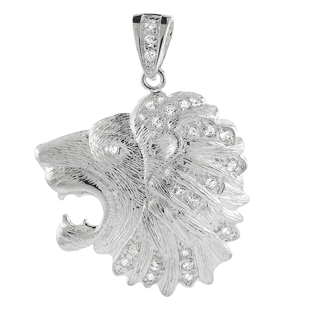 Sterling Silver Cubic Zirconia Lions Head Pendant, 1 5/8 inch long