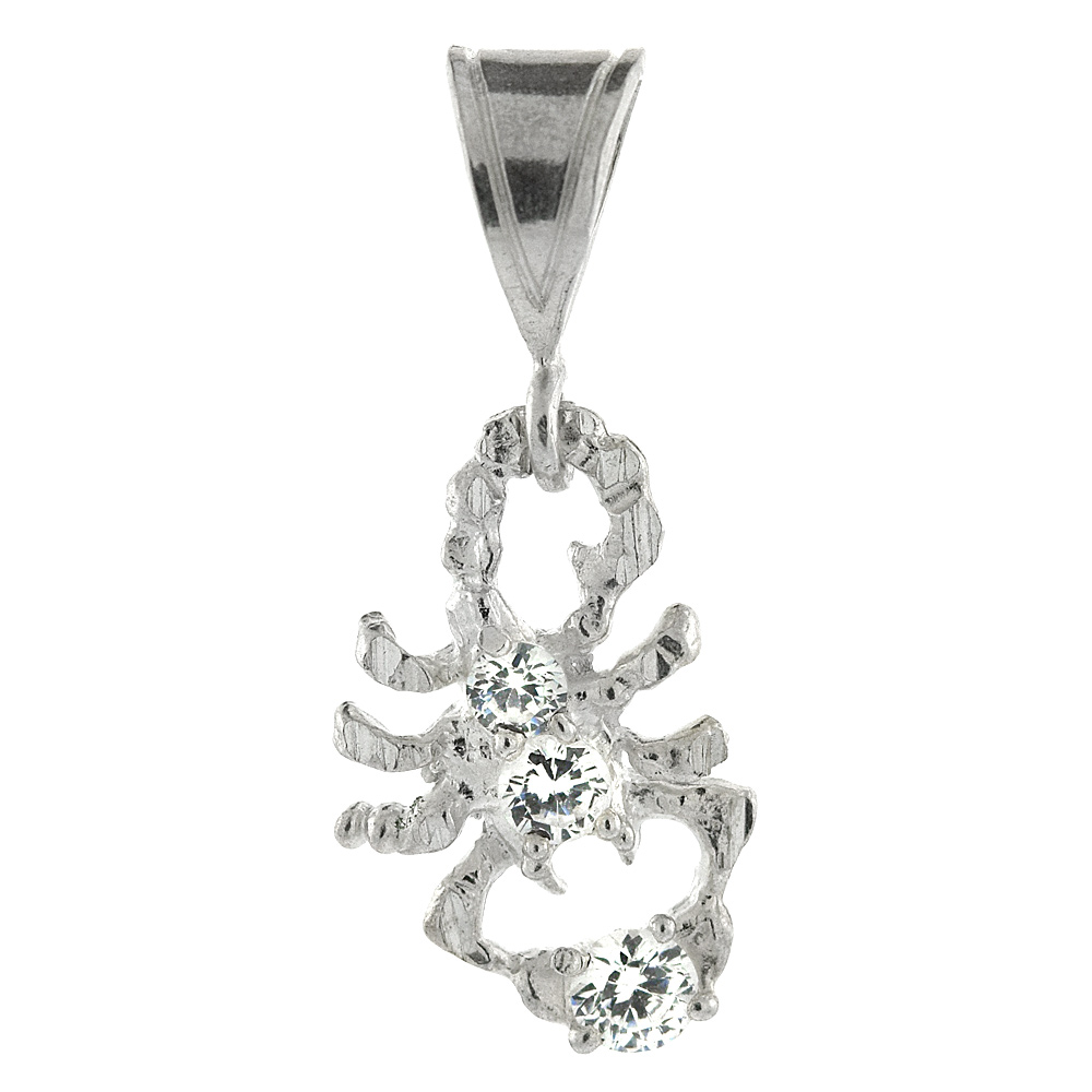 Sterling Silver Small Scorpion Pendant Cubic Zirconia accents, 1 inch long