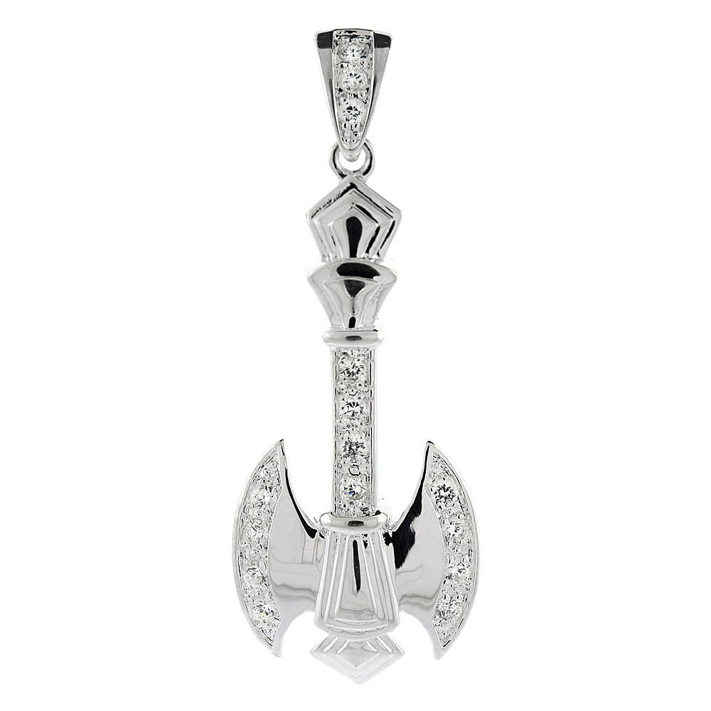 2 1/4 INCH STERLING SILVER CUBIC ZIRCONIA ICED OUT BATTLE AXE PENDANT FOR MEN HIP HOP BLING JEWELRY