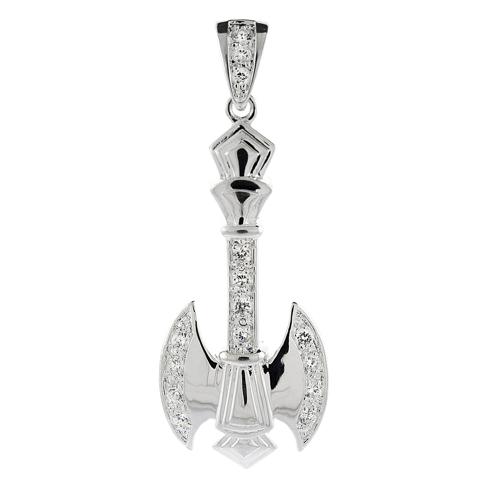 2 1/4 inch Sterling Silver Cubic Zirconia Iced Out Battle Axe Pendant for Men Hip Hop Bling Jewelry