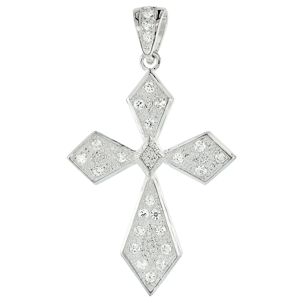HIP HOP JEWELRY FOR MEN ICED OUT STERLING SILVER CUBIC ZIRCONIA FUSILLY CROSS PENDANT, 2 1/8 INCH LONG