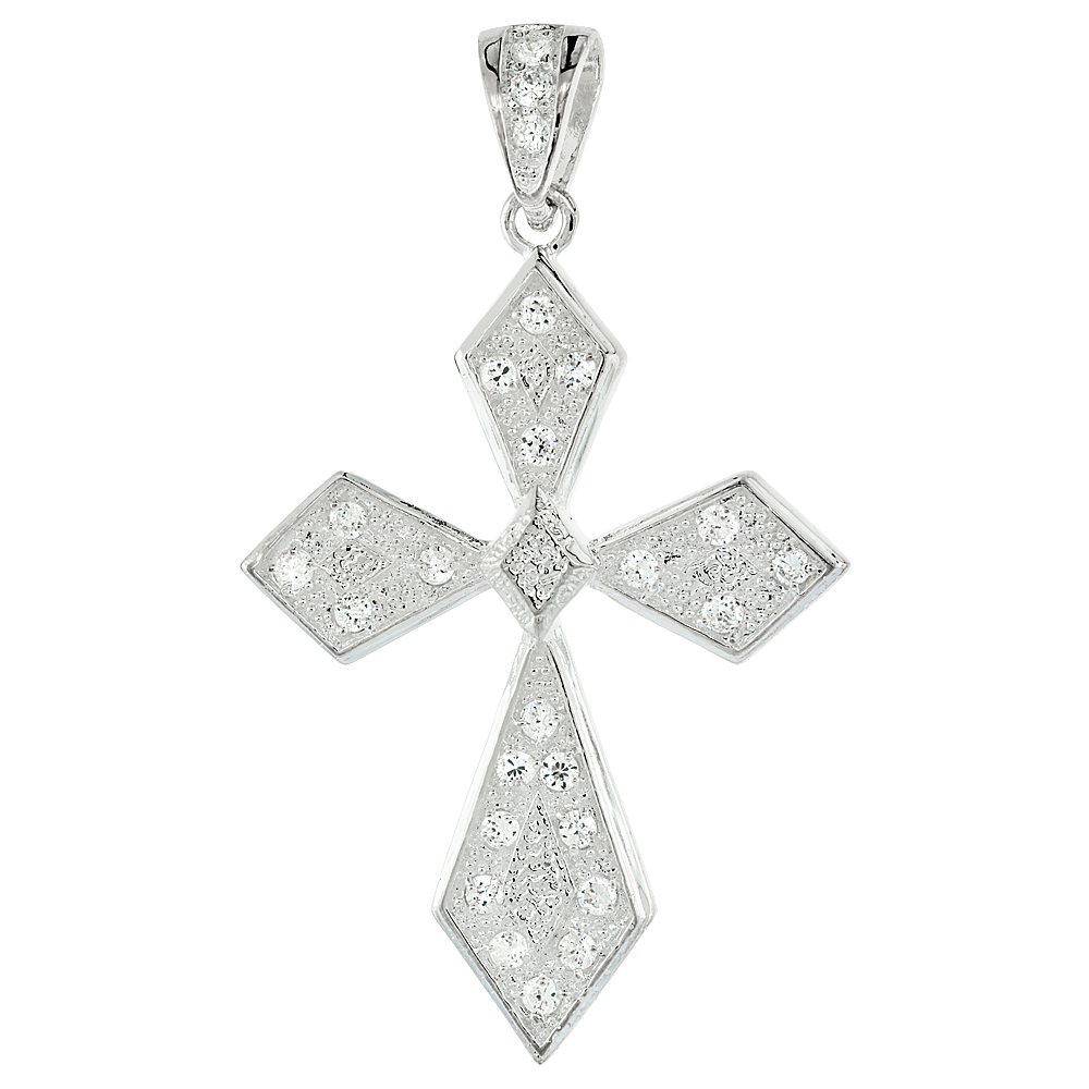 Hip Hop Jewelry for Men Iced Out Sterling Silver Cubic Zirconia Fusilly Cross Pendant, 2 1/8 inch long
