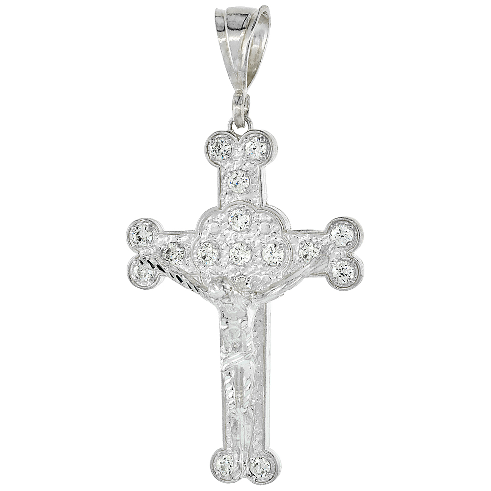2 5/8 inch Sterling Silver Cubic Zirconia Iced Out Budded Crucifix Pendant for Men Hip Hop Bling Jewelry