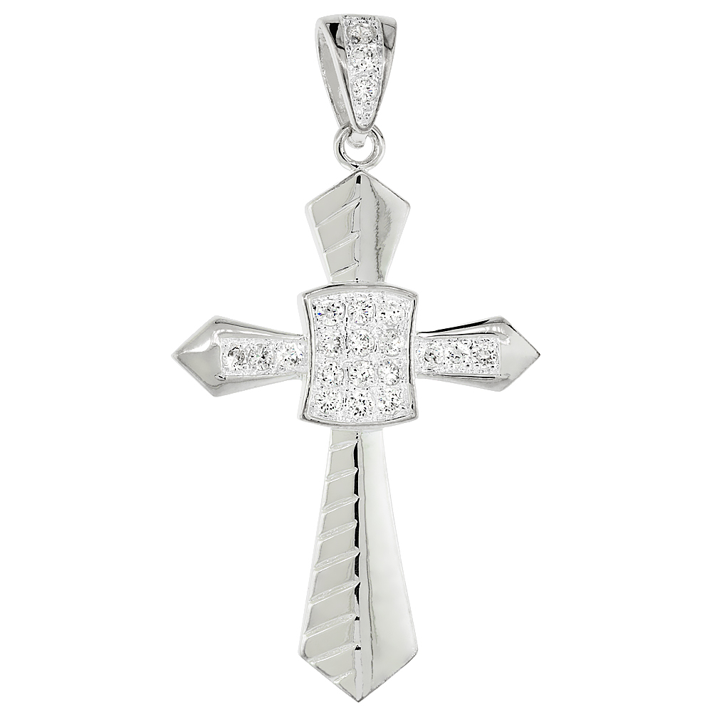 2 1/16 inch Sterling Silver Cubic Zirconia Iced Out Cross Pendant for Men Hip Hop Bling Jewelry