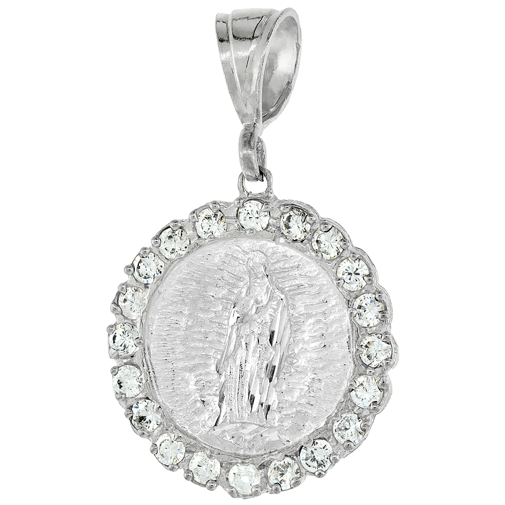Sterling Silver Cubic Zirconia Guadalupe Pendant, 1 9/16 inch wide