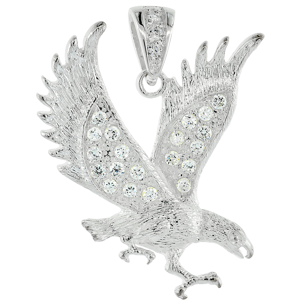Sterling Silver Cubic Zirconia Eagle Pendant, 2 inch long