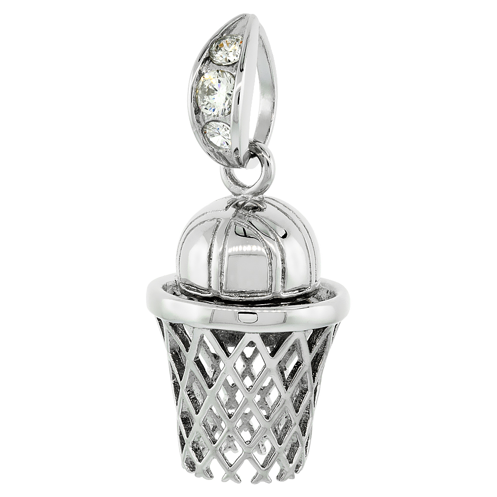 15/16 INCH STERLING SILVER CZ ICED OUT BASKETBALL IN NET PENDANT FOR MEN HIP HOP BLING JEWELRY