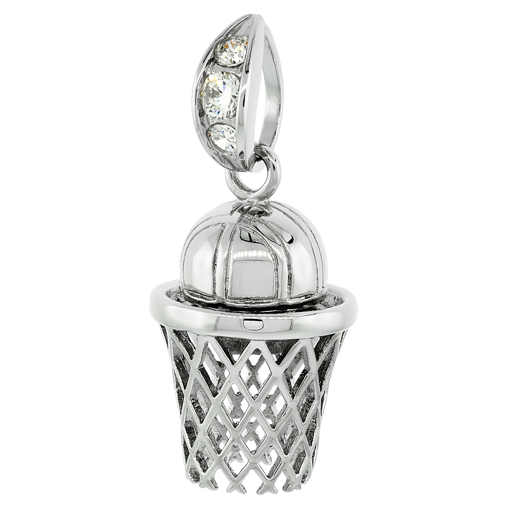 15/16 inch Sterling Silver CZ Iced Out Basketball in Net Pendant for Men Hip Hop Bling Jewelry