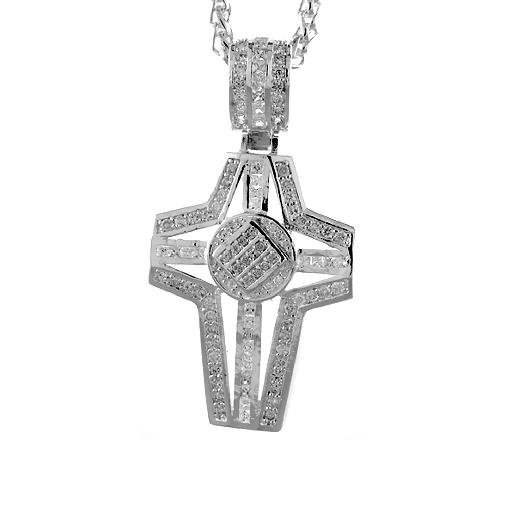 2 3/8 inch Sterling Silver Cubic Zirconia Iced Out Large Cross Pendant for Men Hip Hop Bling Jewelry
