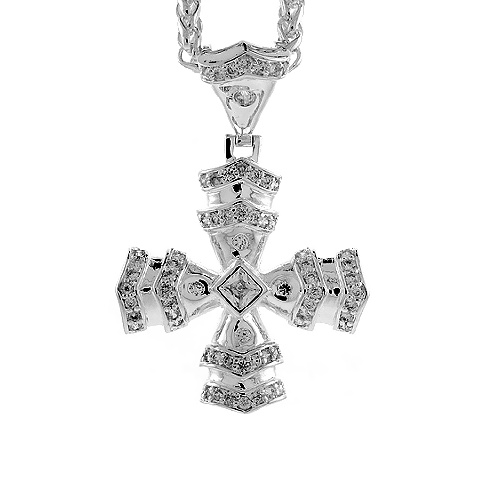 2 inch Sterling Silver CZ Iced Out Fusilly Cross Pendant for Men Hip Hop Bling Jewelry