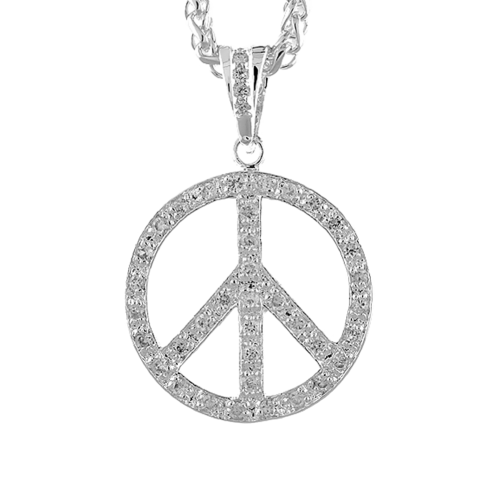 Hip Hop Jewelry for Men Iced Out Sterling Silver CZ Large Peace Sign Pendant, 1 3/4 inch Round