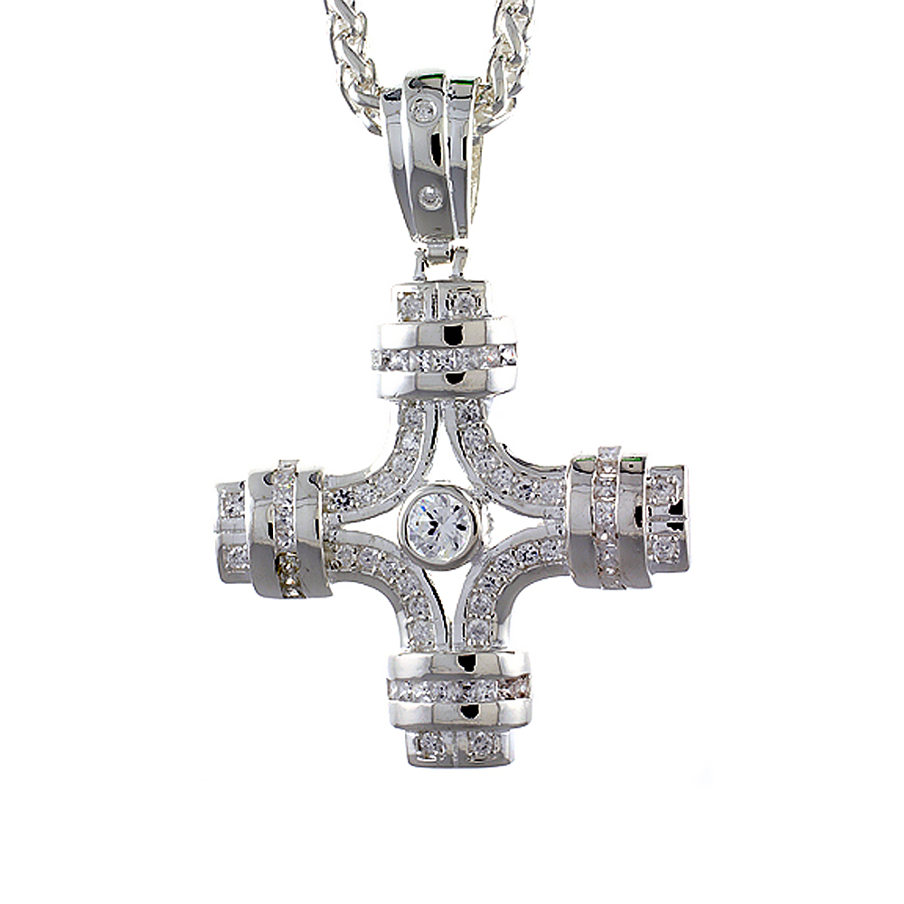 2 1/8 INCH STERLING SILVER CUBIC ZIRCONIA ICED OUT CROSSLET CROSS PENDANT FOR MEN HIP HOP BLING JEWELRY