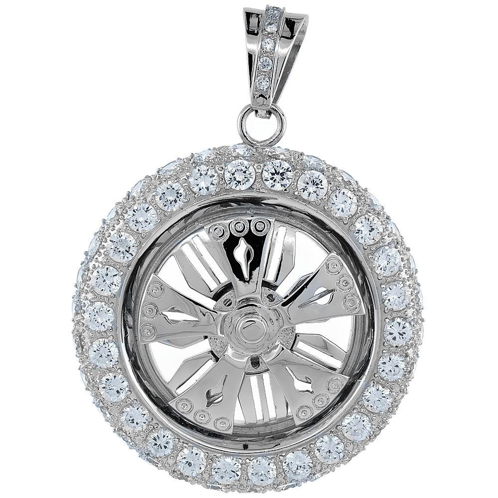 2 3/4 inch Sterling Silver CZ Iced Out Spinner Wheel Pendant for Men Hip Hop Bling Jewelry