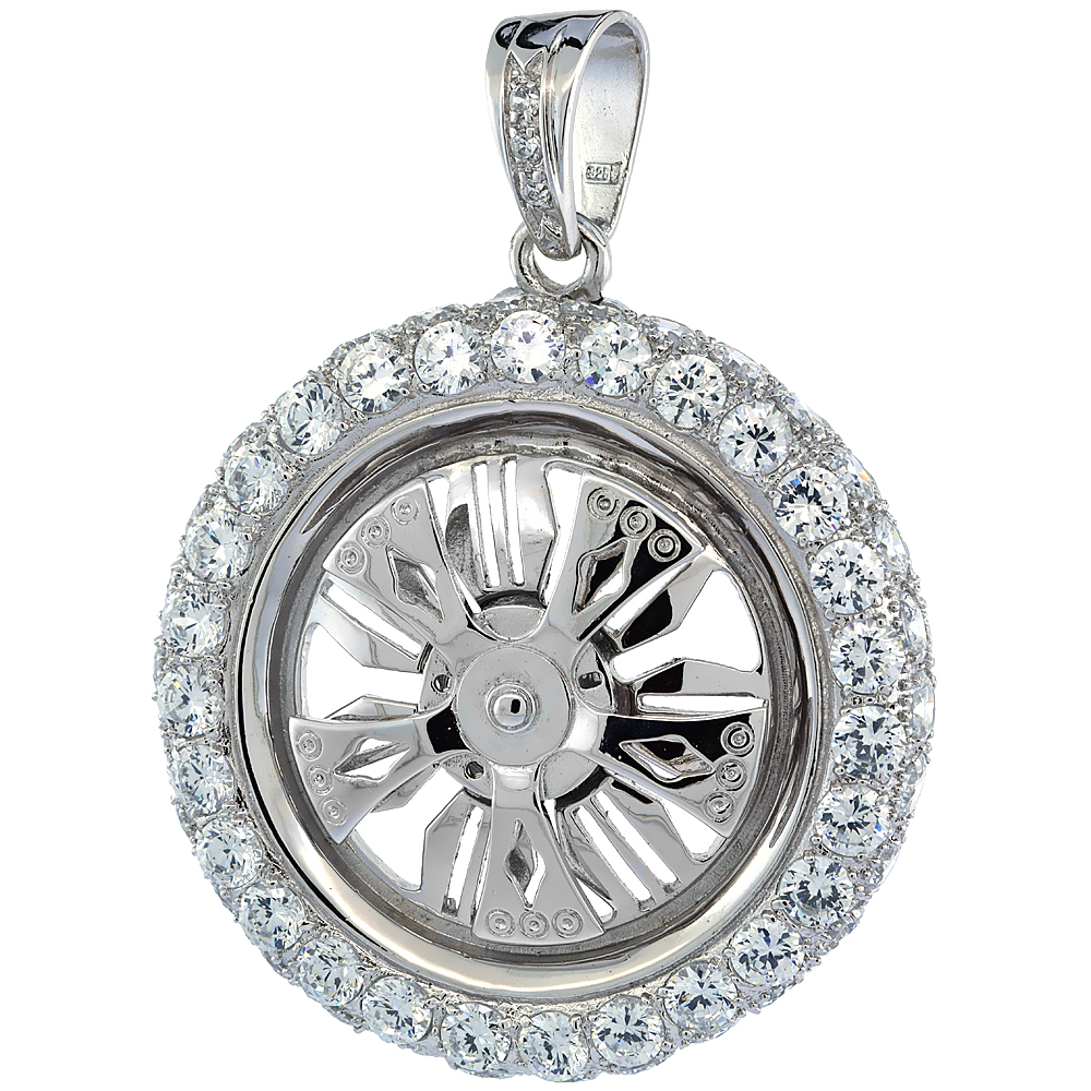 2 5/16 INCH STERLING SILVER CZ ICED OUT SPINNER WHEEL PENDANT FOR MEN HIP HOP BLING JEWELRY