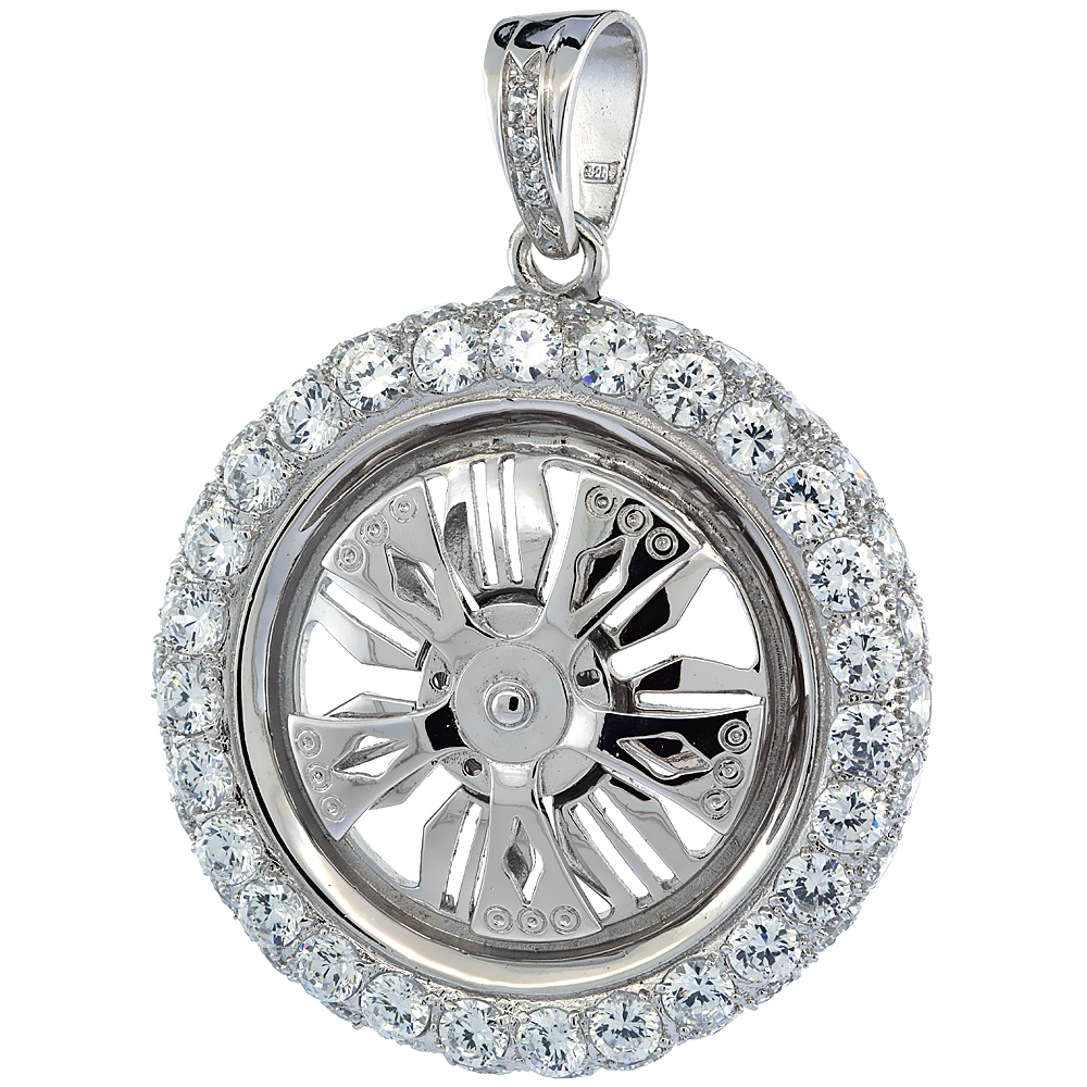 2 5/16 inch Sterling Silver CZ Iced Out Spinner Wheel Pendant for Men Hip Hop Bling Jewelry
