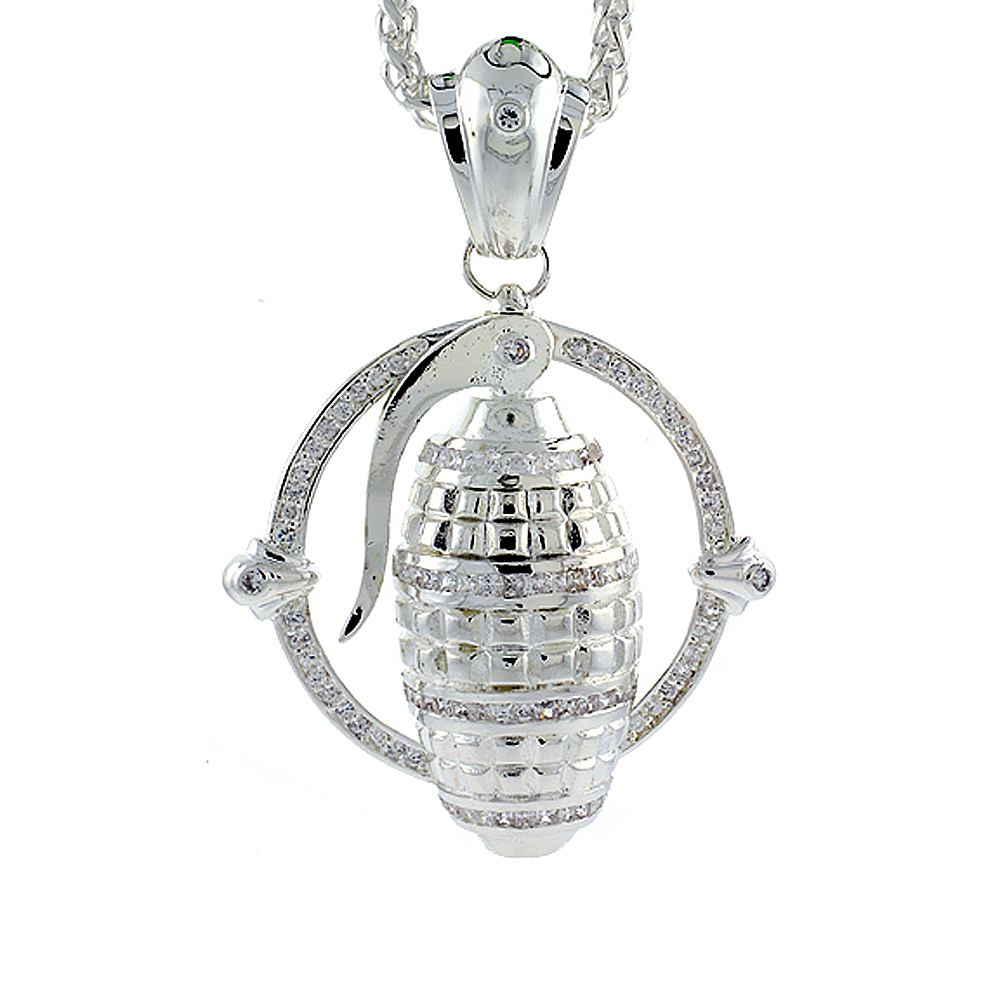 2 5/8 inch Sterling Silver Cubic Zirconia Iced Out Hand Grenade Pendant for Men Hip Hop Bling Jewelry