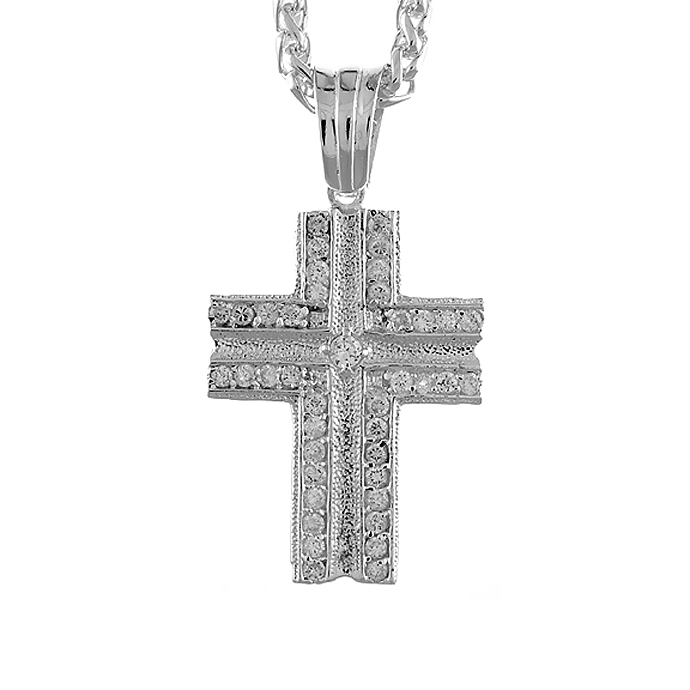2 1/16 inch Sterling Silver Cubic Zirconia Iced Out Latin Cross Pendant for Men Hip Hop Bling Jewelry