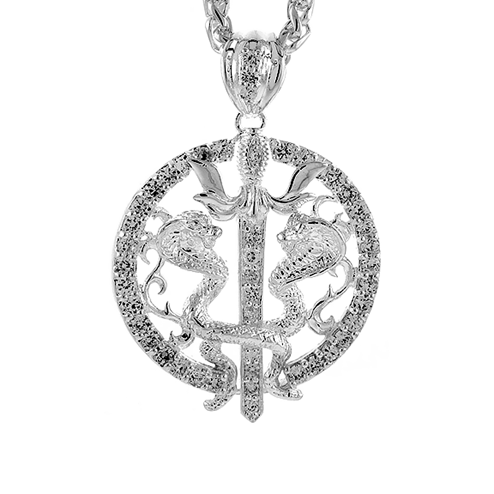 2 inch Sterling Silver CZ Iced Out 2 Cobra Snakes &amp; Sword Pendant for Men Hip Hop Bling Jewelry