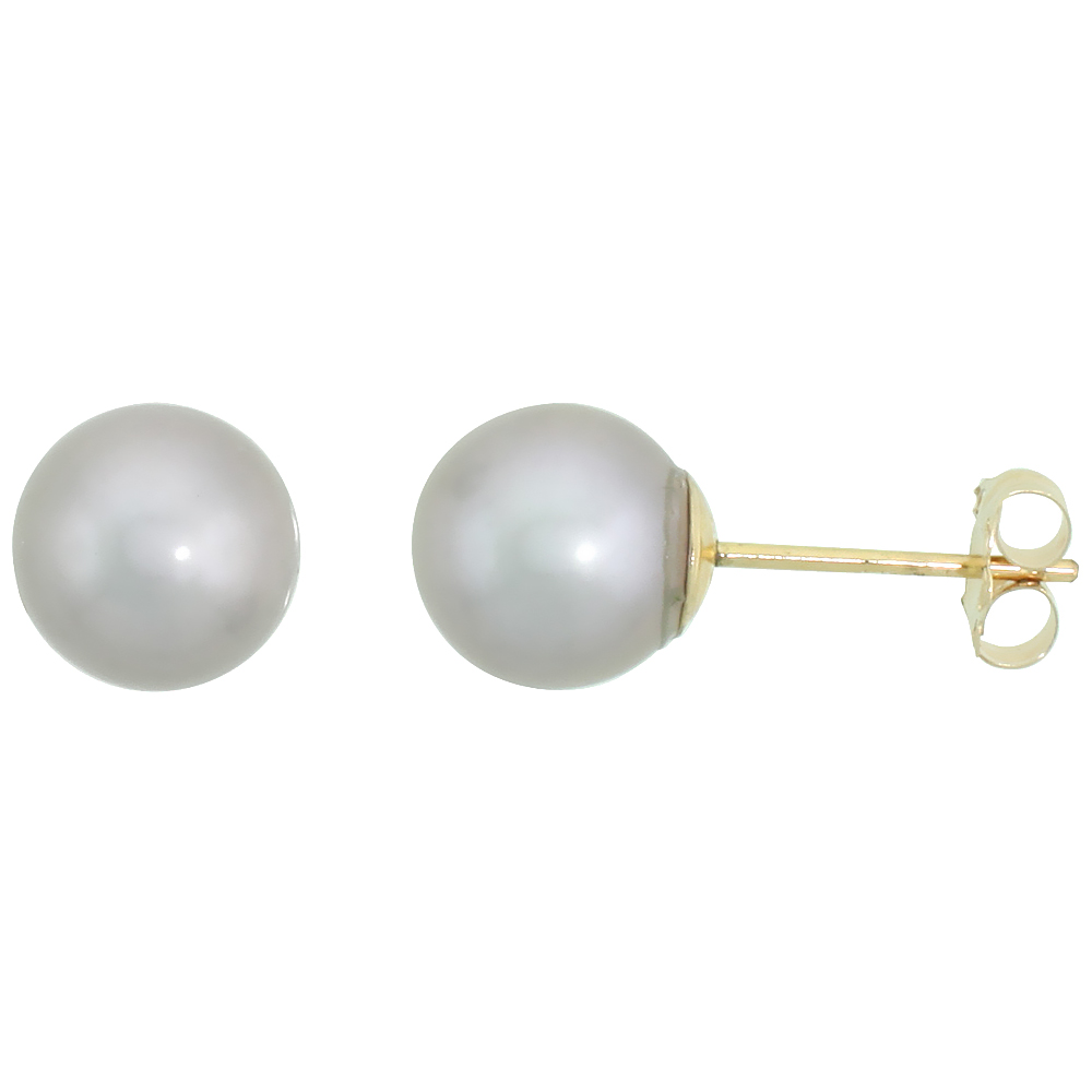 10k Yellow Gold Gray Pearl Stud Earrings for Women High Luster 7.5 mm