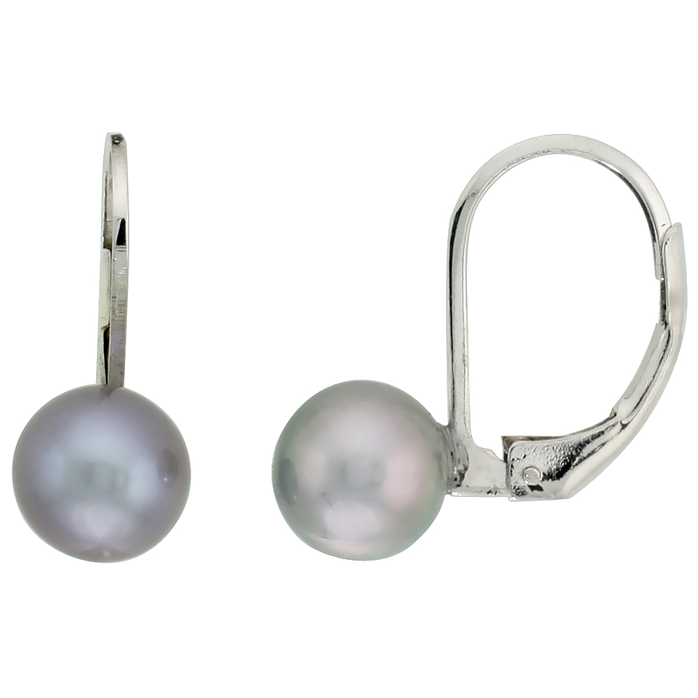 Sterling Silver Pearl Leverback Earrings for Women 7.5 mm High Luster Gray