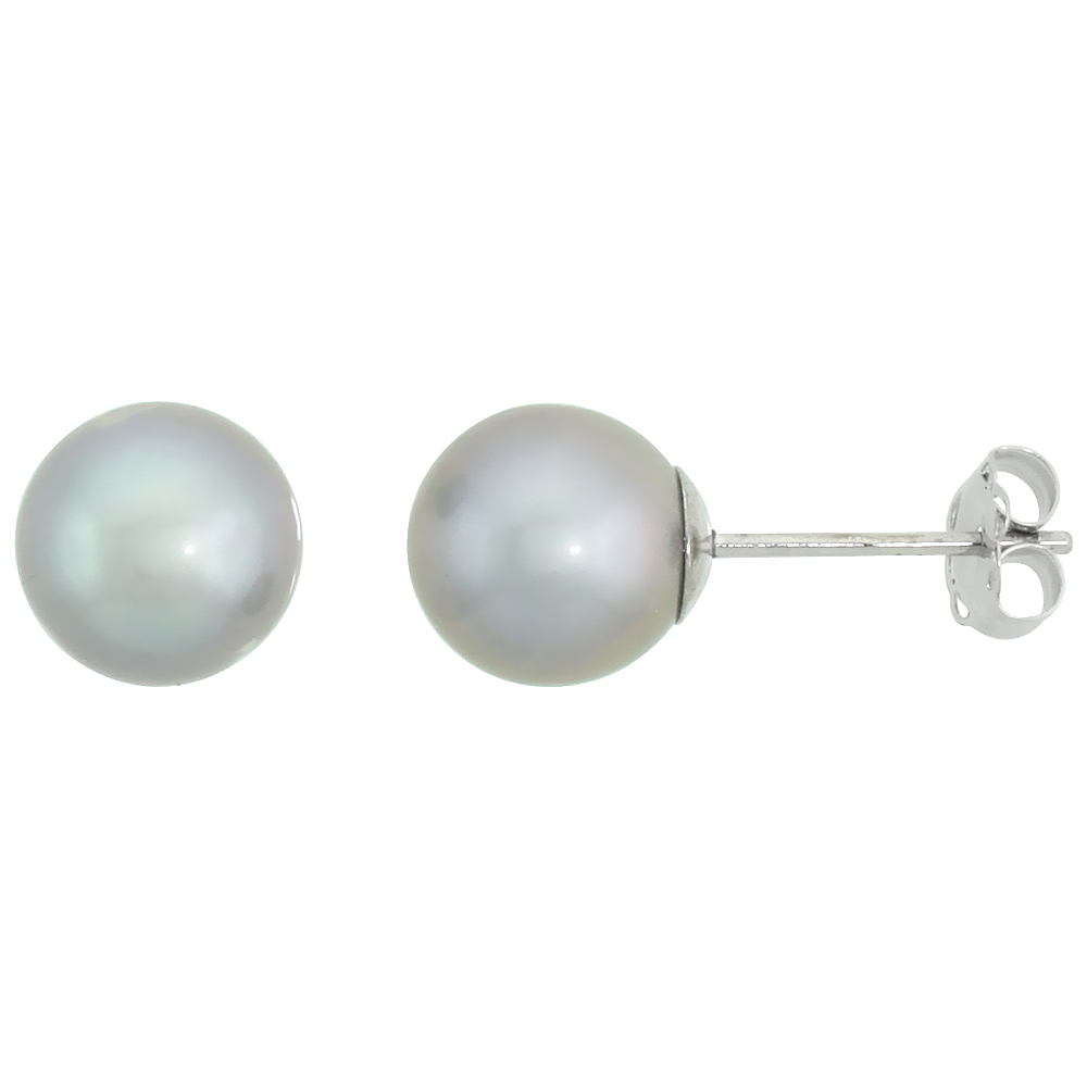 10k White Gold Gray Pearl Stud Earrings for Women High Luster 7.5 mm