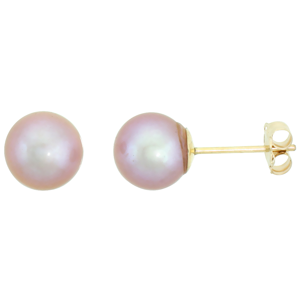 10k Yellow Gold Pink Pearl Stud Earrings for Women High Luster 7.5 mm
