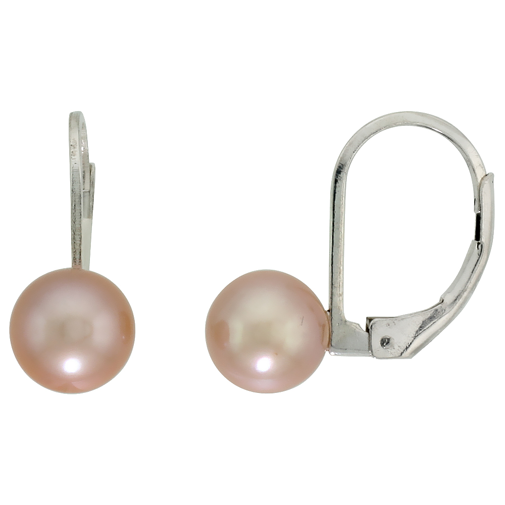 Sterling Silver Pearl Leverback Earrings for Women 7.5 mm High Luster Pink