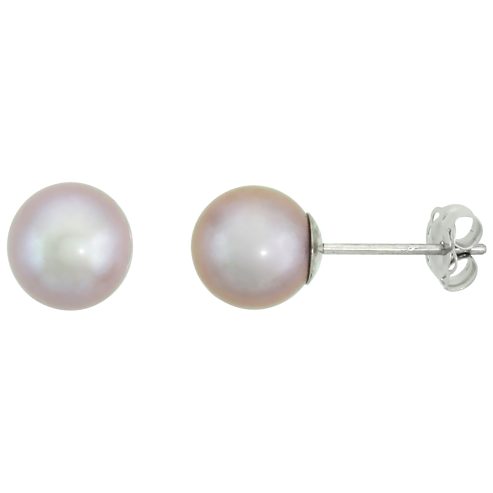 10k White Gold Pink Pearl Stud Earrings for Women High Luster 7.5 mm