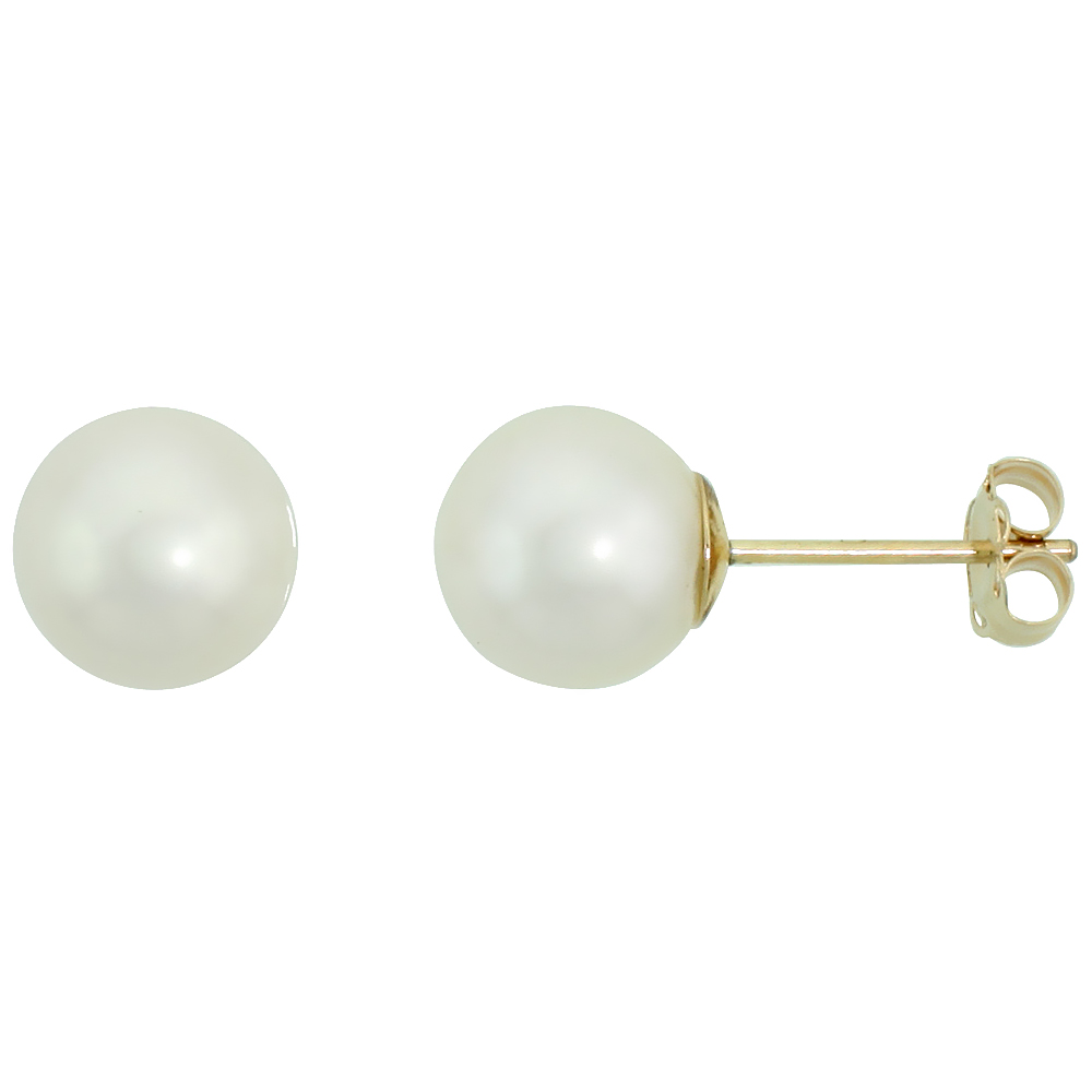 10k Yellow Gold White Pearl Stud Earrings for Women High Luster 7.5 mm