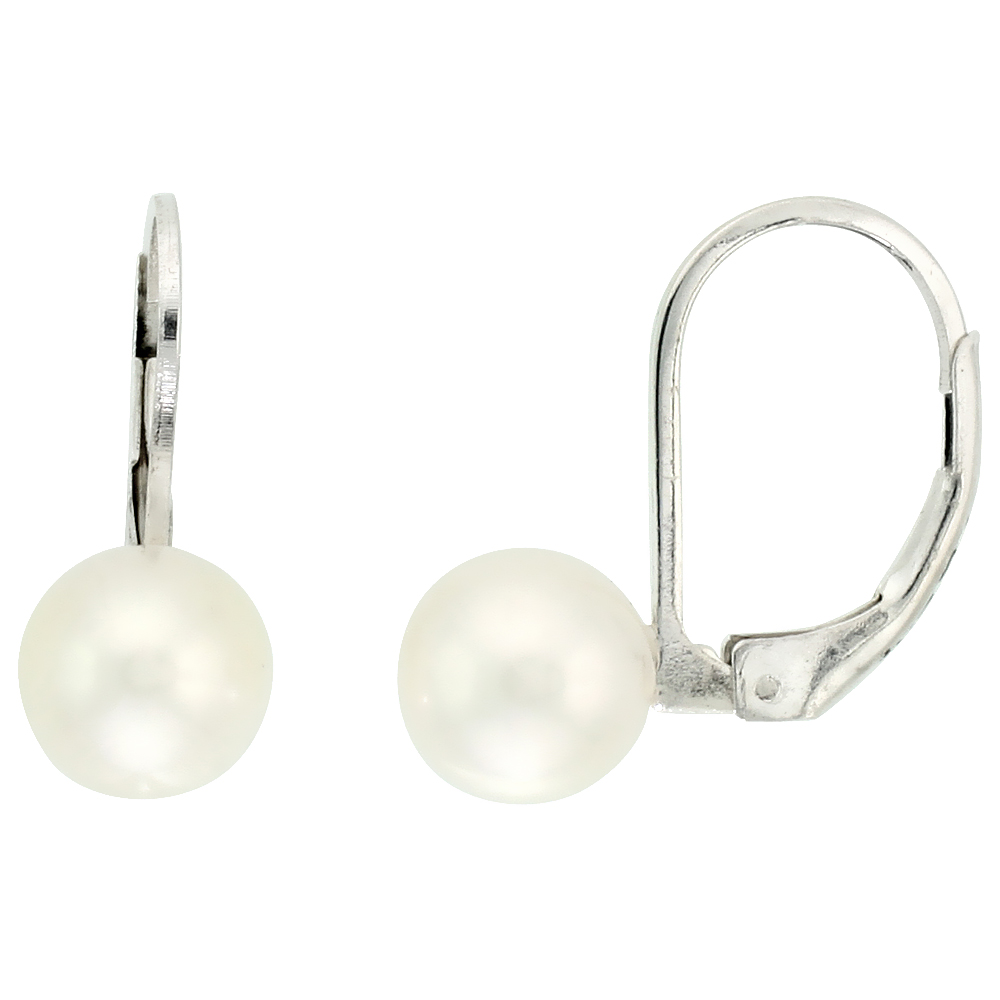 Sterling Silver Pearl Leverback Earrings for Women 7.5 mm High Luster White