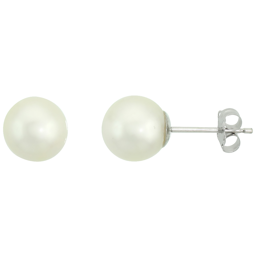 10K WHITE GOLD WHITE PEARL STUD EARRINGS FOR WOMEN HIGH LUSTER 7.5 MM