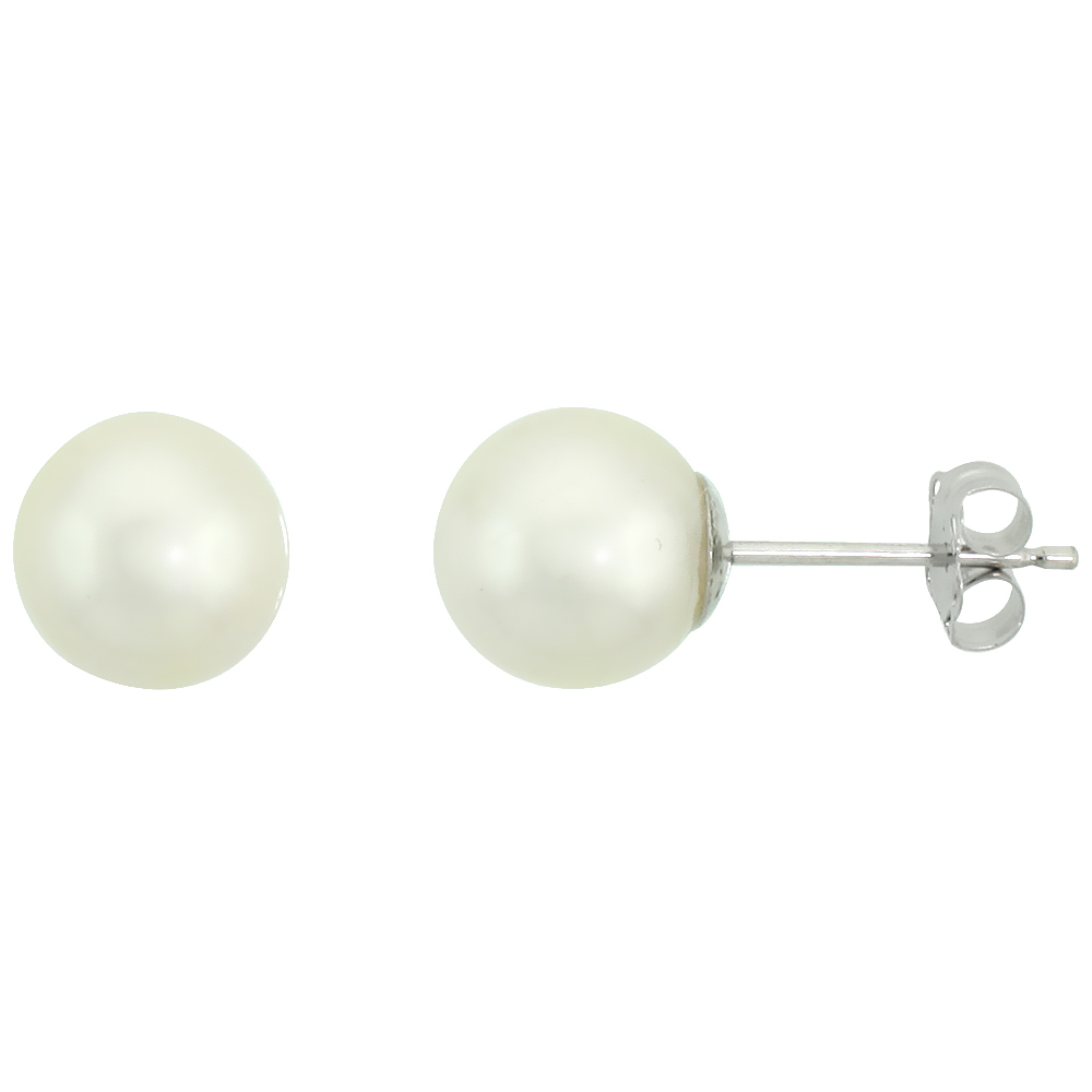 10k White Gold White Pearl Stud Earrings for Women High Luster 7.5 mm