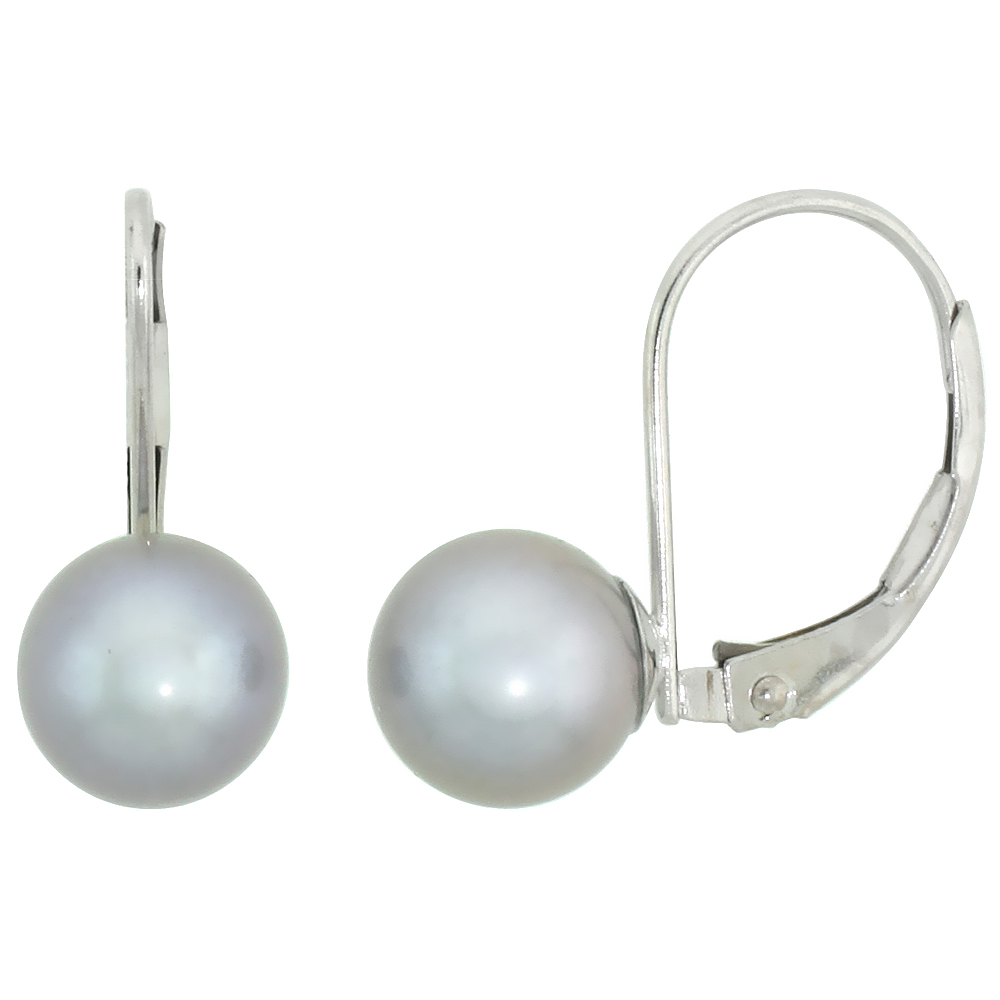 10K WHITE GOLD PEARL LEVERBACK EARRINGS FOR WOMEN 7.5 MM HIGH LUSTER GRAY