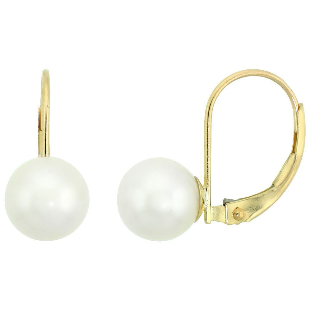 10k Yellow Gold Pearl Leverback Earrings for Women 7.5 mm High Luster White