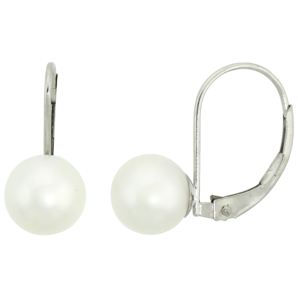 10k White Gold Pearl Leverback Earrings for Women 7.5 mm High Luster White
