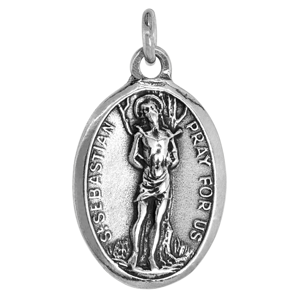 STERLING SILVER ST SEBASTIAN MEDAL PENDANT OXIDIZED FINISH OVAL 1 INCH