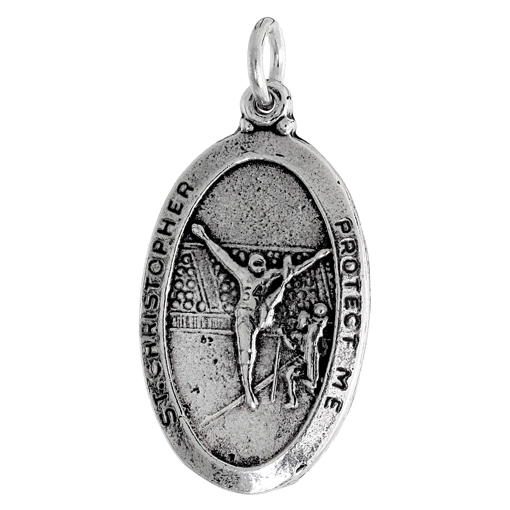 STERLING SILVER ST CHRISTOPHER MEDAL PENDANT OXIDIZED FINISH FOR GYMNASTICS OVAL 7/8 INCH