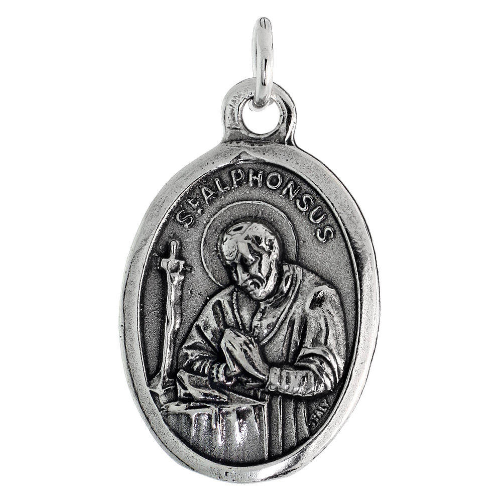 STERLING SILVER ST ALPHONSUS MEDAL PENDANT OXIDIZED FINISH OVAL 7/8 INCH