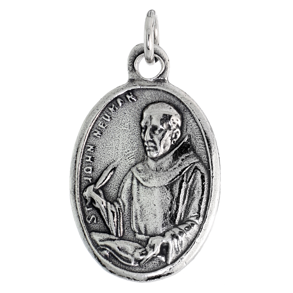 STERLING SILVER ST JOHN NEUMANN MEDAL PENDANT OXIDIZED FINISH OVAL 7/8 INCH