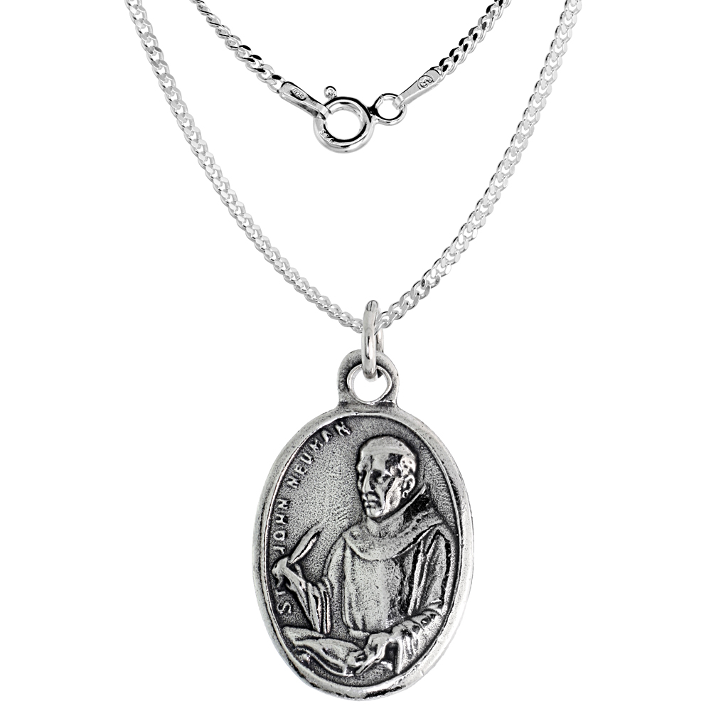 Sterling Silver St John Neumann Medal Necklace Oxidized finish Oval 1.8mm Chain