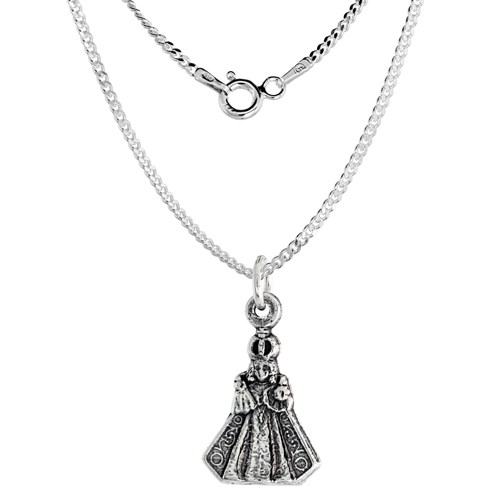 Sterling Silver Jesus of Prague Medal Necklace Oxidized finish Oval 1.8mm Chain