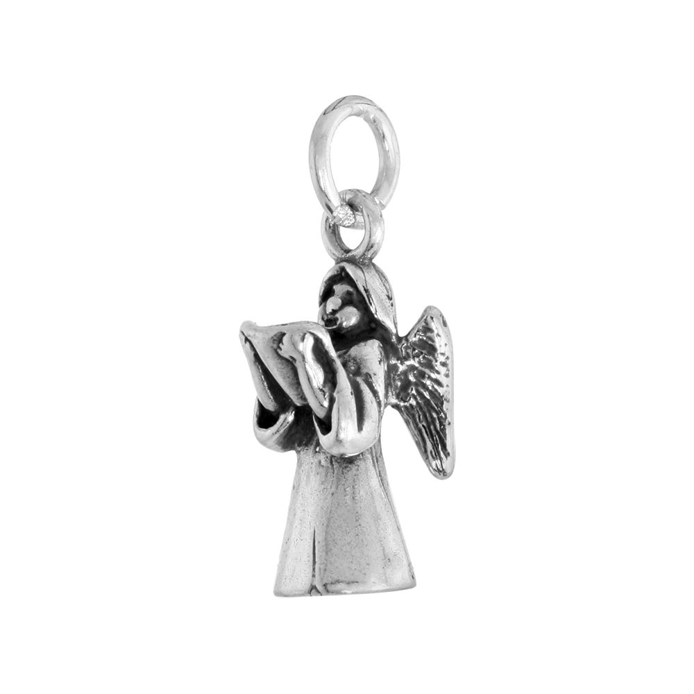 Sterling Silver Guardian Angel Medal Necklace Oxidized finish 1.8mm Chain