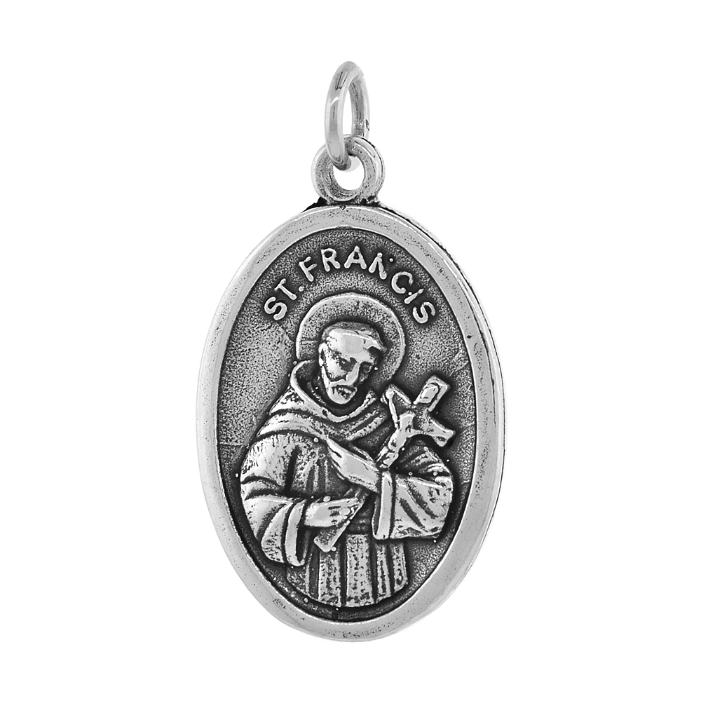 STERLING SILVER ST FRANCIS MEDAL PENDANT OXIDIZED FINISH OVAL 1 INCH