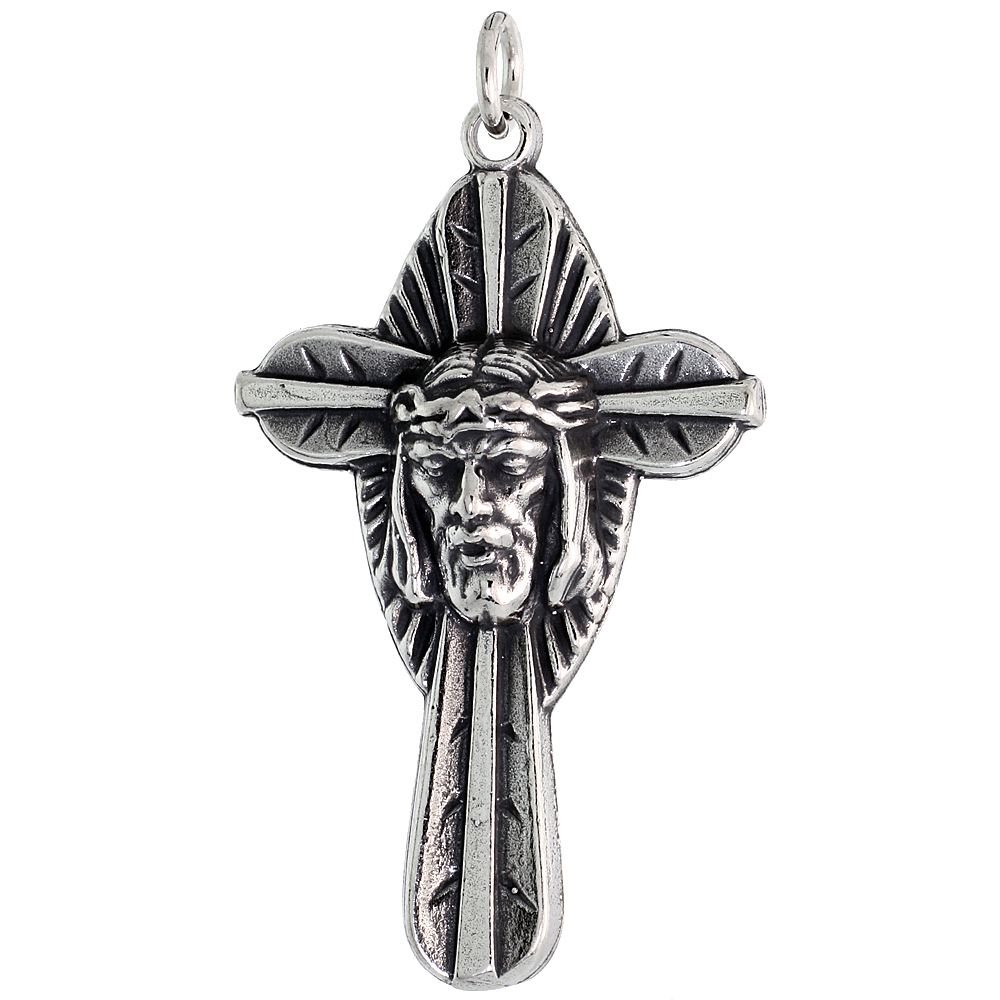 STERLING SILVER JESUS CROWN OF THORNS CROSS PENDANT OXIDIZED FINISH 1 9/16 INCH