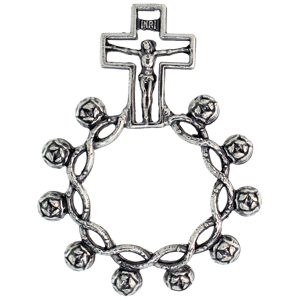 STERLING SILVER KNOTTED BEADS ROSARY RING ONE MYSTERY SINGLE DECADE ROSEBUD BEADS CUTOUT PATTERN 1 11/16 INCH