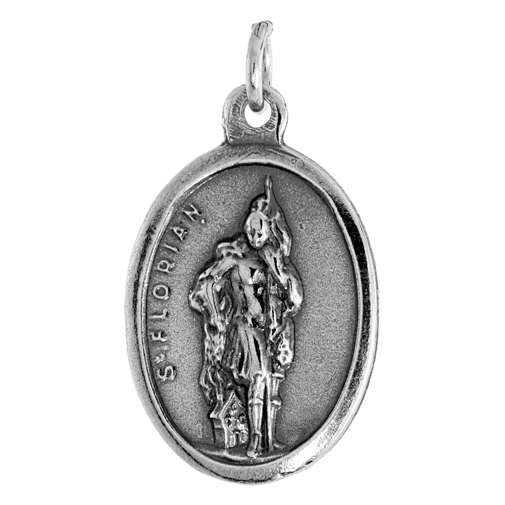 STERLING SILVER ST FLORIAN MEDAL PENDANT OXIDIZED FINISH OVAL 7/8 INCH